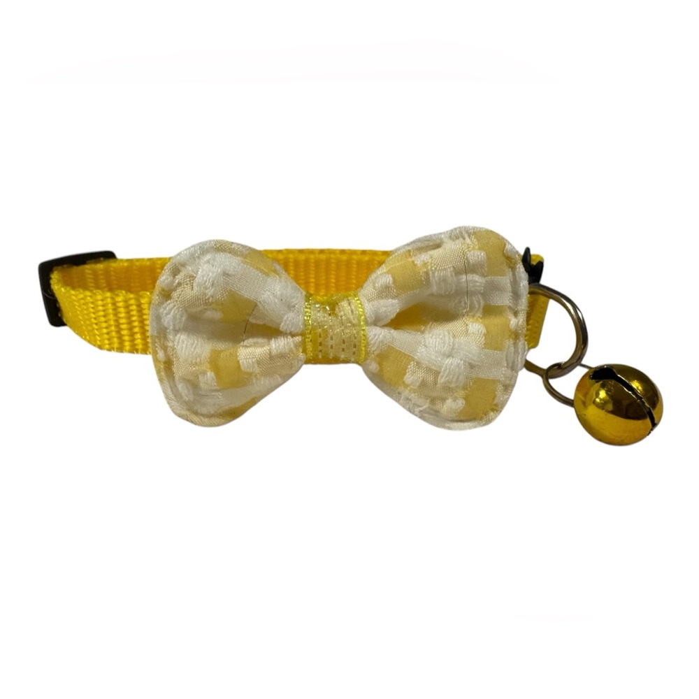 NWOT yellow & white plaid bowtie kitty cat pet jingle bell 12.5” collar
